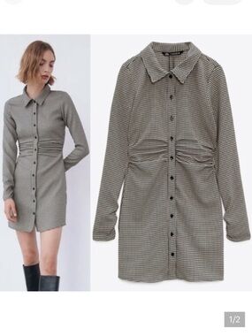 NWT Zara Houndstooth Ruched Button Front Mini Dress